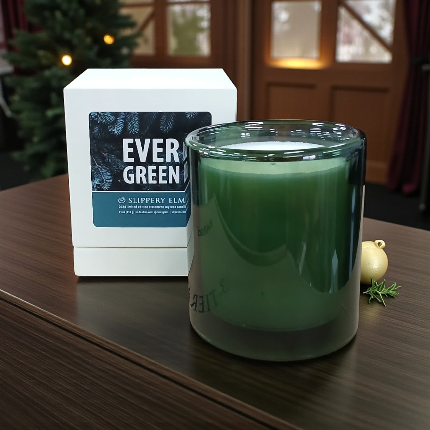 Evergreen Holiday Life.Style Waterfall Glass Statement Candle (11oz)